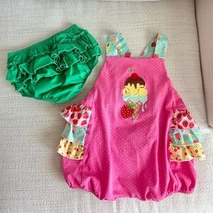 Ricrac & Ruffles “The Scoop” Bubble Romper + Green Ruffle Bloomers | 24M/2T